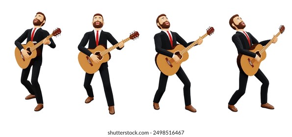 A man in suit passionately plays an acoustic guitar, showcasing various energetic poses. 3d cartoon isolated illustration - Powered by Shutterstock