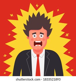 A Man In A Suit Was Shocked. Static Electricity On Clothes. Flat Character Illustration.