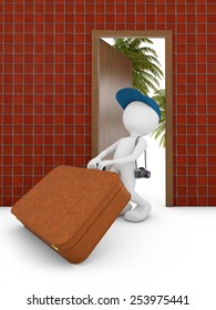 man with suitcase at the door 3d render