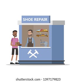 Man taking torn footwear to the shoe repair service. Cobbler standing at the counter with special equipment. Isolated  flat illustration - Powered by Shutterstock