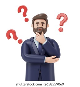 A man thinks, surrounded by floating question marks, symbolizing uncertainty or decision-making. 3D rendering, conceptual image. Isolated on white background.