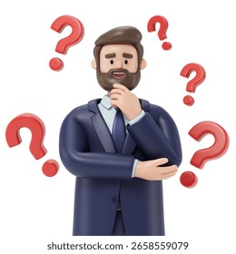 A man thinks, surrounded by floating question marks, symbolizing uncertainty or decision-making. 3D rendering, conceptual image. Isolated on white background.