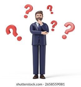 A man thinks, surrounded by floating question marks, symbolizing uncertainty or decision-making. 3D rendering, conceptual image. Isolated on white background.