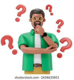 A man thinks, surrounded by floating question marks, symbolizing uncertainty or decision-making. 3D rendering, conceptual image. Isolated on white background.
