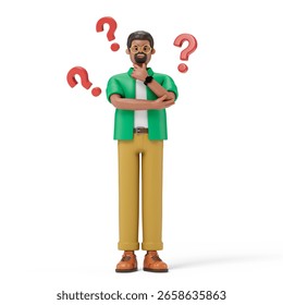 A man thinks, surrounded by floating question marks, symbolizing uncertainty or decision-making. 3D rendering, conceptual image. Isolated on white background.