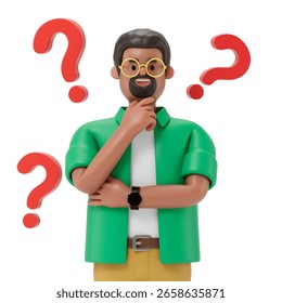 A man thinks, surrounded by floating question marks, symbolizing uncertainty or decision-making. 3D rendering, conceptual image. Isolated on white background.