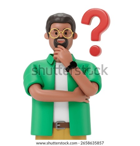 A man with a thoughtful pose, a question mark above his head, symbolizes pondering or indecision. 3D rendering, conceptual image. Isolated on white background.