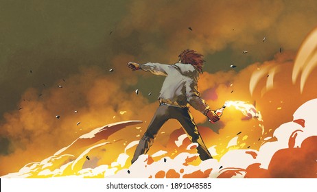 The Man Throwing A Molotov Cocktail, Digital Art Style, Illustration Painting