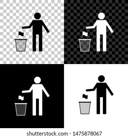 Man throwing trash into dust bin icon isolated on black, white and transparent background. Recycle symbol. Trash can sign