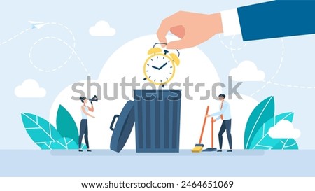Man throws out alarm clock in trash can. Trash bin with clock, icon, recycle time, hour cleaning, waste. Flat style illustration