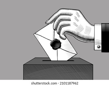 A man throws a postal envelope into a mailbox. Message symbol, mail. A retro-style postal sign and badge. Antique engraving stylized drawing