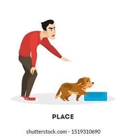 Man Training His Pet Dog. Place Command. Animal Obedience. Pet Owner Teach And Train Puppy. Isolated  Cartoon Illustration