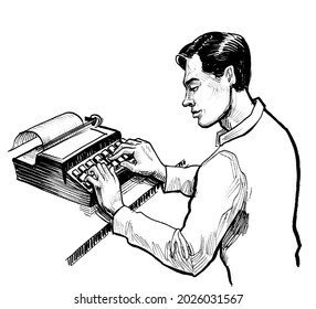 Man Typing On Retro Typewriter. Ink Black And White Drawing