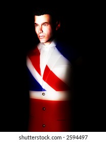 A man with the Union Jack flag on his clothing, its the flag of Great Britain.