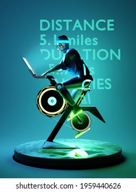 A Man Using His Indoor Exercise Bike To Keep Fit With Statistics Displayed In The Background. Futuristic Technology Fitness Concept 3D Illustration.
