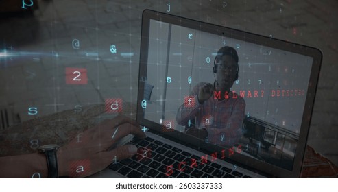 Man using laptop with digital malware detection interface, focusing on cybersecurity. technology, protection, hacking, defense, software, alert