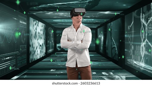 Man using VR headset exploring futuristic digital interface with virtual data. Virtual reality, technology, innovation, cyber, interactive, immersion