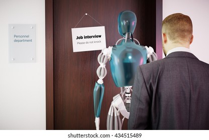 A Man Waiting In Line With Robot For A Job Interview. 3D Rendering.