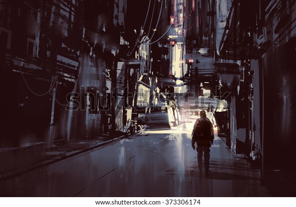 暗い町を一人で歩く人 イラトス絵画 のイラスト素材
