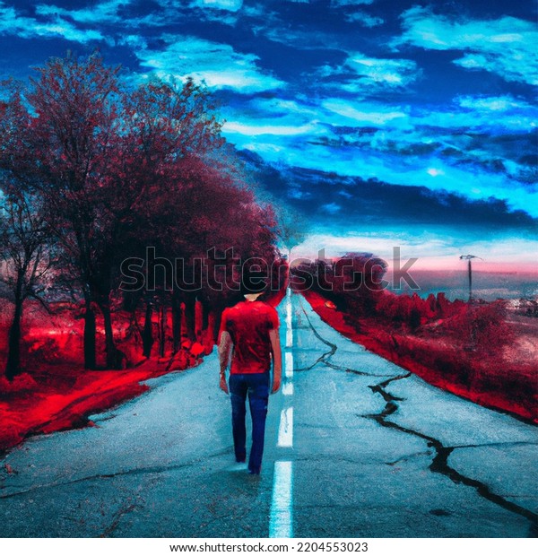 Man Walking Alone On Long Road Stock Illustration 2204553023 Shutterstock