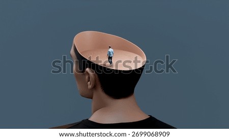 Man walking in circles inside a human head, stuck in repetitive thoughts and overthinking, concept of mental exhaustion, stress, anxiety and inner confusion, 3d render