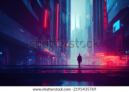Man walking in a cyberpunk city. Digital painting of a lonely futurstic environment. Huge building, neon lighting. Illustration of modern blue cityscape. Dystopic urban wallpaper. Landscape background Foto stock © 