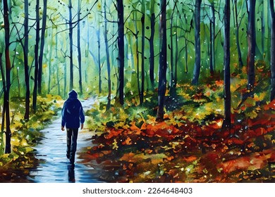 a man walking in Deep forest digital painting
