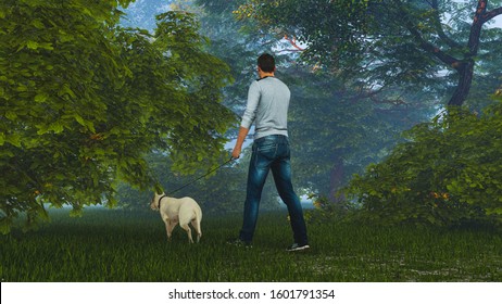 Man Walking in Forest With Dog, 3D Rendering - Powered by Shutterstock