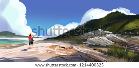 man walking on the beach against blue sky and blue sea, digital illustration art painting design style. (wide screen)