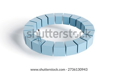 Man walking on a continuous circular path of blue blocks representing business consistency, recurring revenue, and long-term sustainability, 3d render
