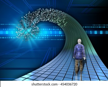 Man walking on a data path. 3D illustration.