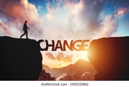 Man Walking On The Other Side Of Mountain On Change Letters Being A Bridge. Concept Of Hope, Positive Decision. 3D Illustration