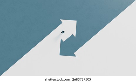 Man Walking on Split Arrows Half Up and Half Down Symbolizing Choices and Decisions - 3D Render