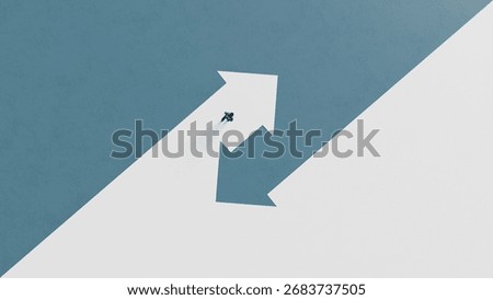 Man Walking on Split Arrows Half Up and Half Down Symbolizing Choices and Decisions - 3D Render