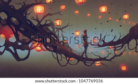 man walking on a tree branch with many red lanterns on background, digital art style, illustration painting