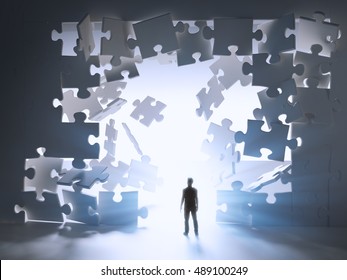 Man walking through a break in a jig-saw puzzle wall - 3D illustration