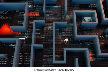 Man Walking Through A Labyrinth With Code And Graphs On The Ground. Complicated Process And Problem Solving Concept. This Is A 3d Render Illustration .