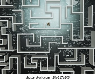 Man Walking Through A Labyrinth With Math Formlas On The Ground . Complicated Process And Problem Solving Concept . This Is A 3d Render Illustration . 