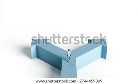 Man walking toward a fork in the path with two large arrows pointing left and right representing career decisions and binary choices, 3d render