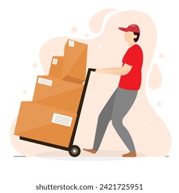 man warehouse worker moving boxes vector flat illustration