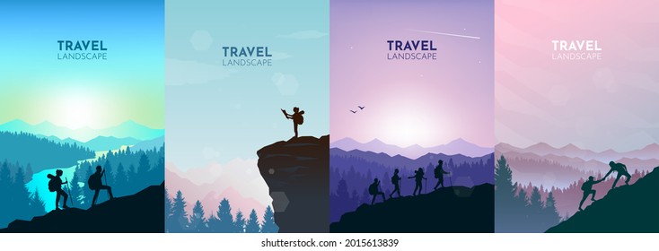 Man watches nature, climbing to top, friends going hike, support of friends. Landscapes set. Travel concept of discovering, exploring, observing nature. Hiking. Adventure tourism. Illustrations set - Powered by Shutterstock