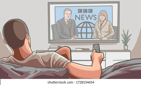 
Man Watching The News, Seeing What Is Happening Outside From Inside The House, The Image Is Available On Tv Blank, Another Image Can Be Placed