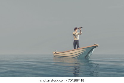 Man Watching Through Spyglass Boat Afloat Stock Illustration 704282863 ...