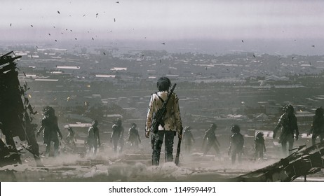 man with weapons facing a crowd of zombies against post apocalypse world, digital art style, illustration painting