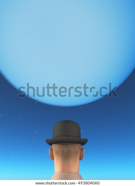 Man wearing a hat and looking to the moon.\
This is a 3d render\
illustration