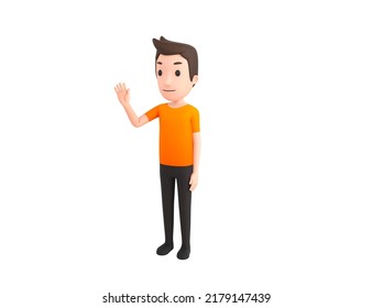 Man Wearing Orange T-Shirt Character Saying Hi In 3d Rendering.