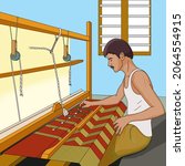 Man weaving, weaver, weaving carpet on weaver loom illustration