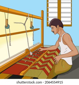 Man weaving, weaver, weaving carpet on weaver loom illustration