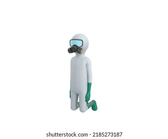 Man In White Hazmat Suit Character Kneeling In 3d Rendering.