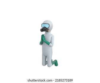 Man In White Hazmat Suit Character Kneeling And Pray In 3d Rendering.